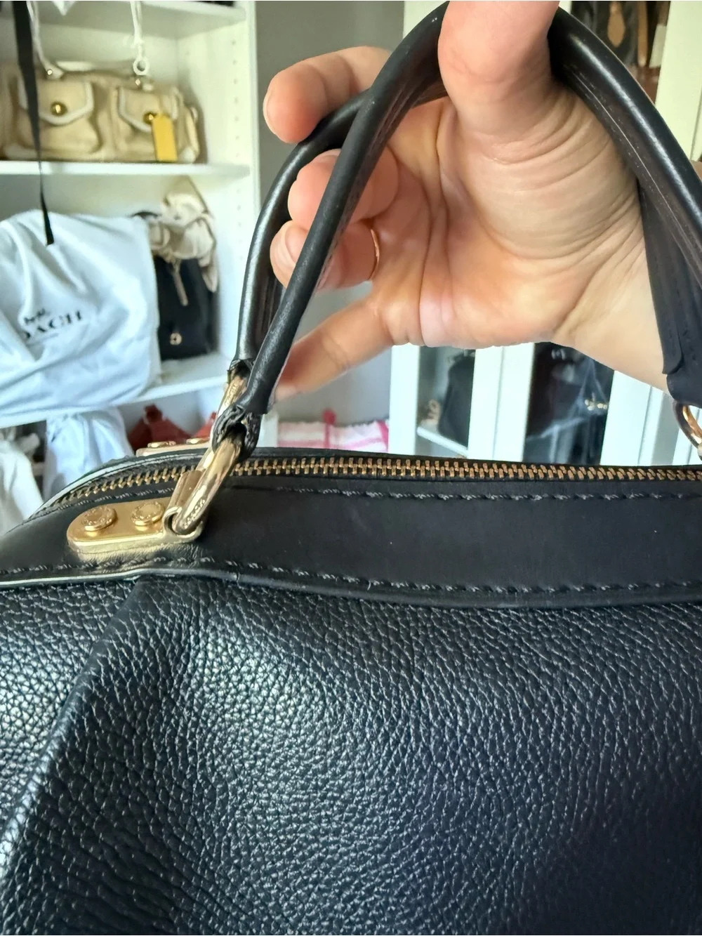 Coach Lane Satchel Black Pebbled Leather Satchel with Gold Hardware